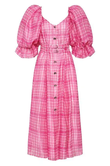 Aje Bungalow Puff Sleeve Midi Dress Pink Check Size 6 for rent on The Volte - main image