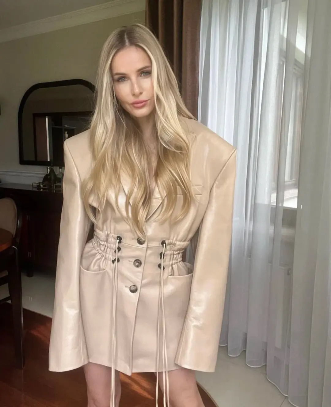 The Mannei Khazali Tailored Leather Blazer Beige Size 8  for rent on The Volte - main image