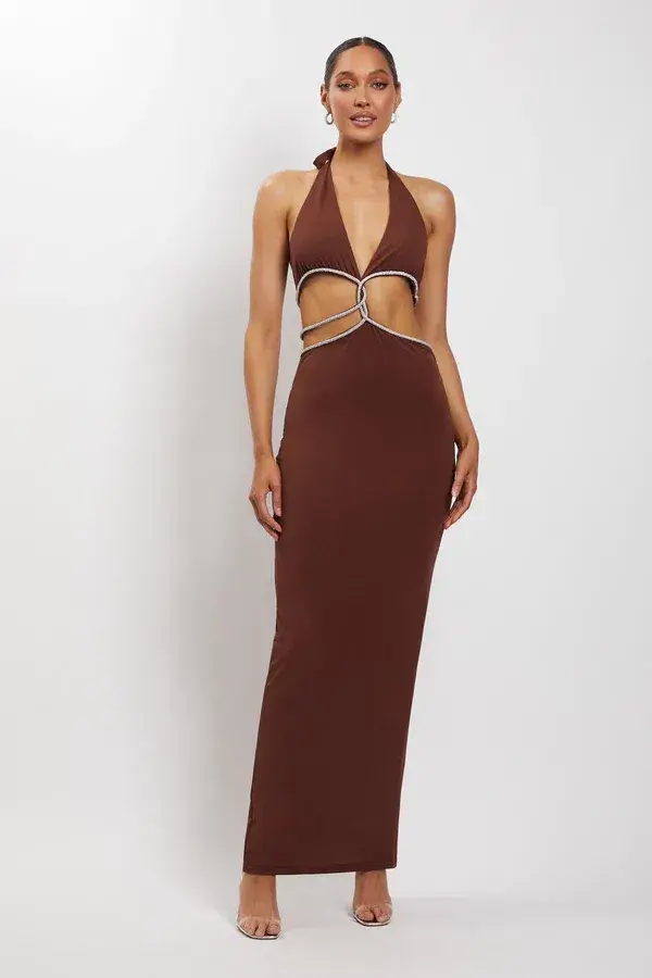 Meshki Nicha Diamante Cut Out Dress Chocolate Size 6 - Image 2