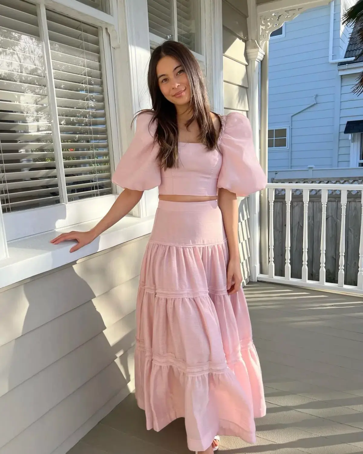 Aje Esme Puff Sleeve Cropped Top and Imprint Maxi Skirt Set Dusty Pink Size 8 - Image 1