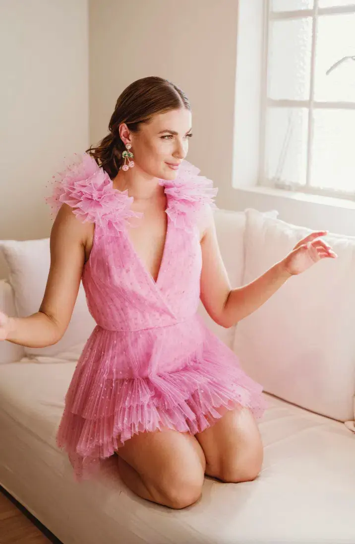 Monique Lhuillier Dotted Tulle Party Dress Bubblegum Pink Size 8 - Image 3