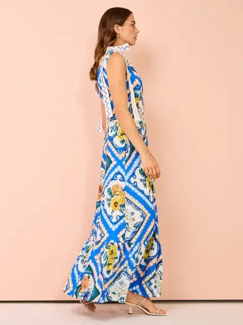 By Nicola - Adoncia Tie Shoulder Maxi Dress In Azure Floral - Size 12 for rent on The Volte - main image