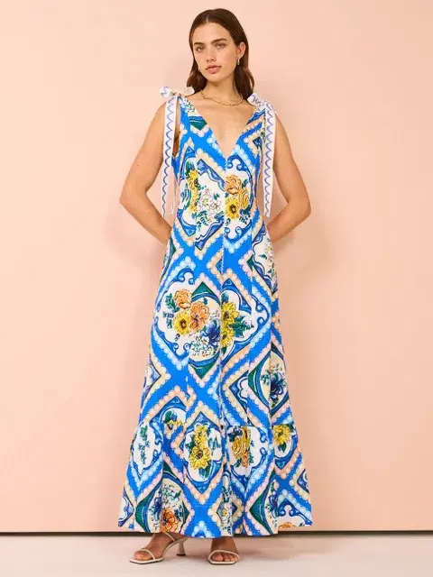 By Nicola - Adoncia Tie Shoulder Maxi Dress In Azure Floral - Size 12 for rent on The Volte - main image