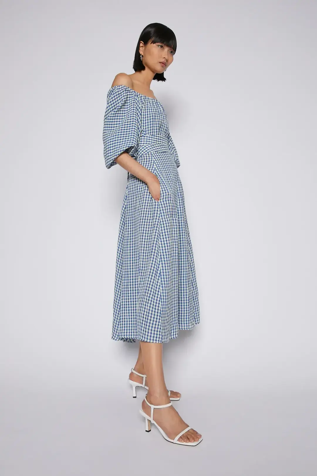 Scanlan Theodore Gingham Gathered Dress in Blue Natural Size 8 for rent on The Volte - main image