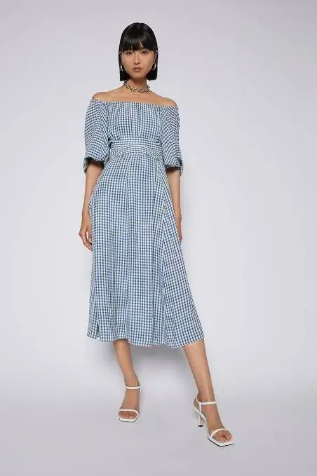 Scanlan Theodore Gingham Gathered Dress in Blue Natural Size 8 for rent on The Volte - main image