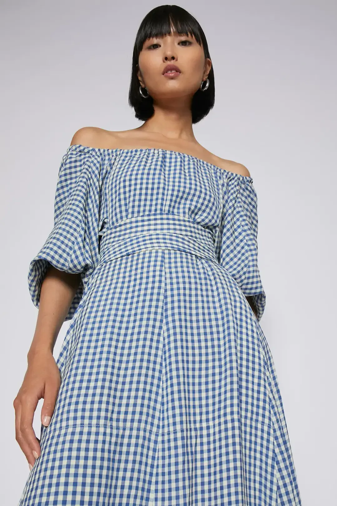 Scanlan Theodore Gingham Gathered Dress in Blue Natural Size 8 for rent on The Volte - main image