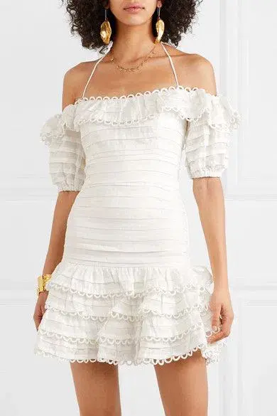 Zimmermann Allia Pintuck Off-the-soulder Ruffled Linen Mini Dress White Size 6 - Image 3