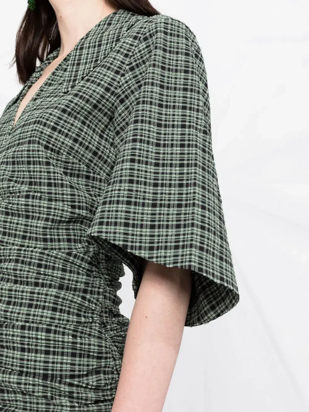 Ganni Seersucker Check Ruched Dress Bay Green Size 14 - Image 2