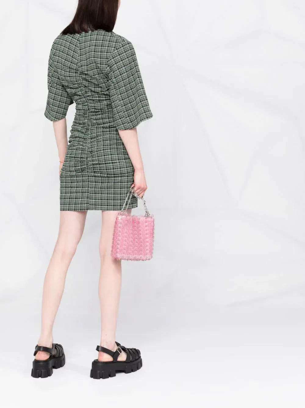 Ganni Seersucker Check Ruched Dress Bay Green Size 14 - Image 3