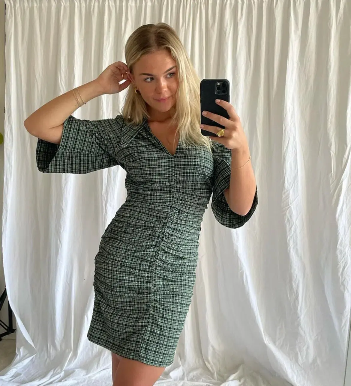 Ganni Seersucker Check Ruched Dress Bay Green Size 14 - Image 4
