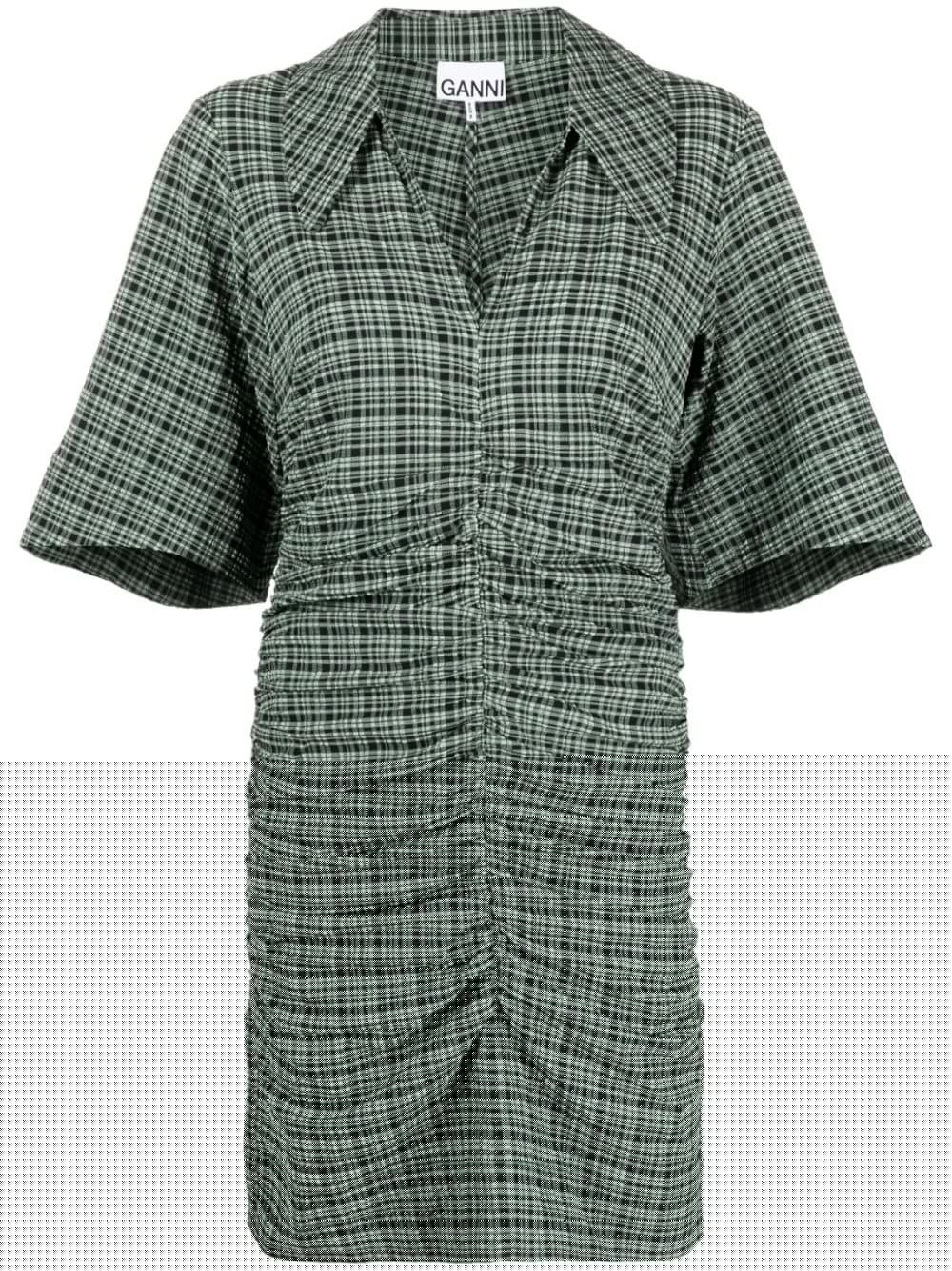 Ganni Seersucker Check Ruched Dress Bay Green Size 14 - Image 5