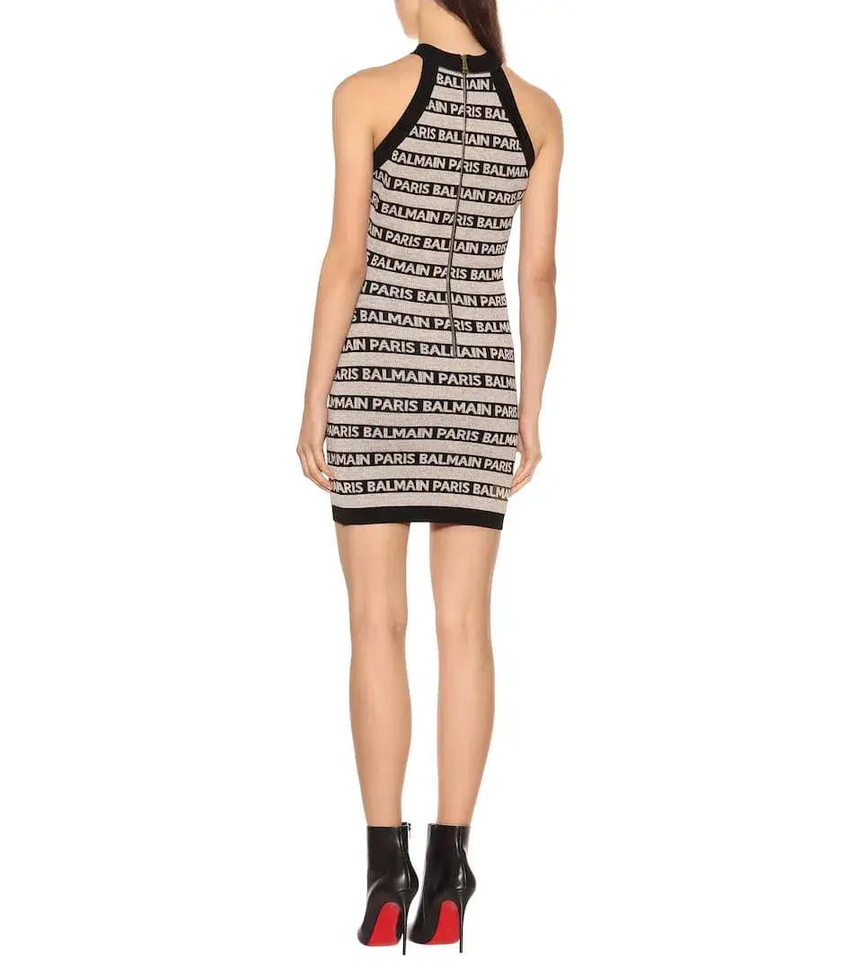 Balmain Logo Intarsia Knitted Mini Dress in Black/White Size 8 - Image 2