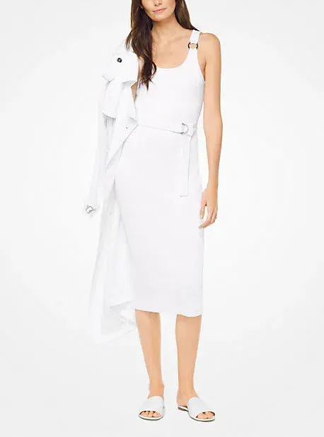 Michael Kors Belted Ribbed Knit Dress White Size M - Image 1