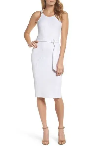 Michael Kors Belted Ribbed Knit Dress White Size M - Image 2