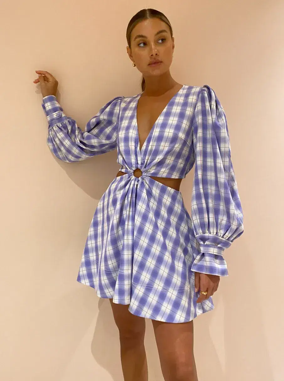 By Nicola Chevron Mini Dress in Grape Plaid Print Size 8 - Image 3