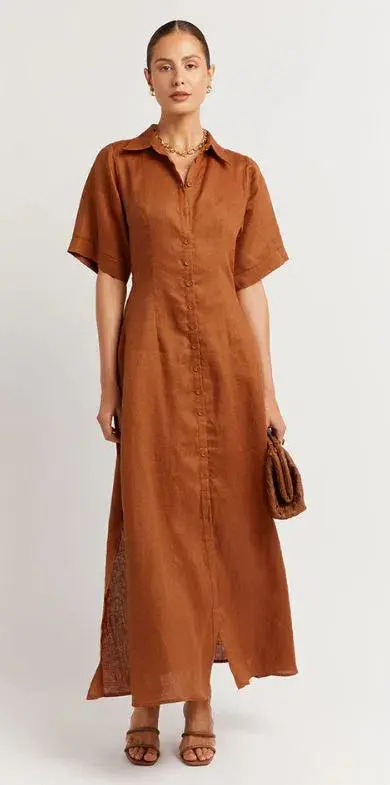DISSH Darby Linen Shirt Midi Dress Spice Size 10 for rent on The Volte - main image