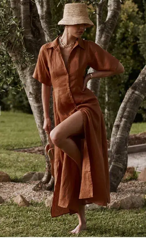 DISSH Darby Linen Shirt Midi Dress Spice Size 10 for rent on The Volte - main image