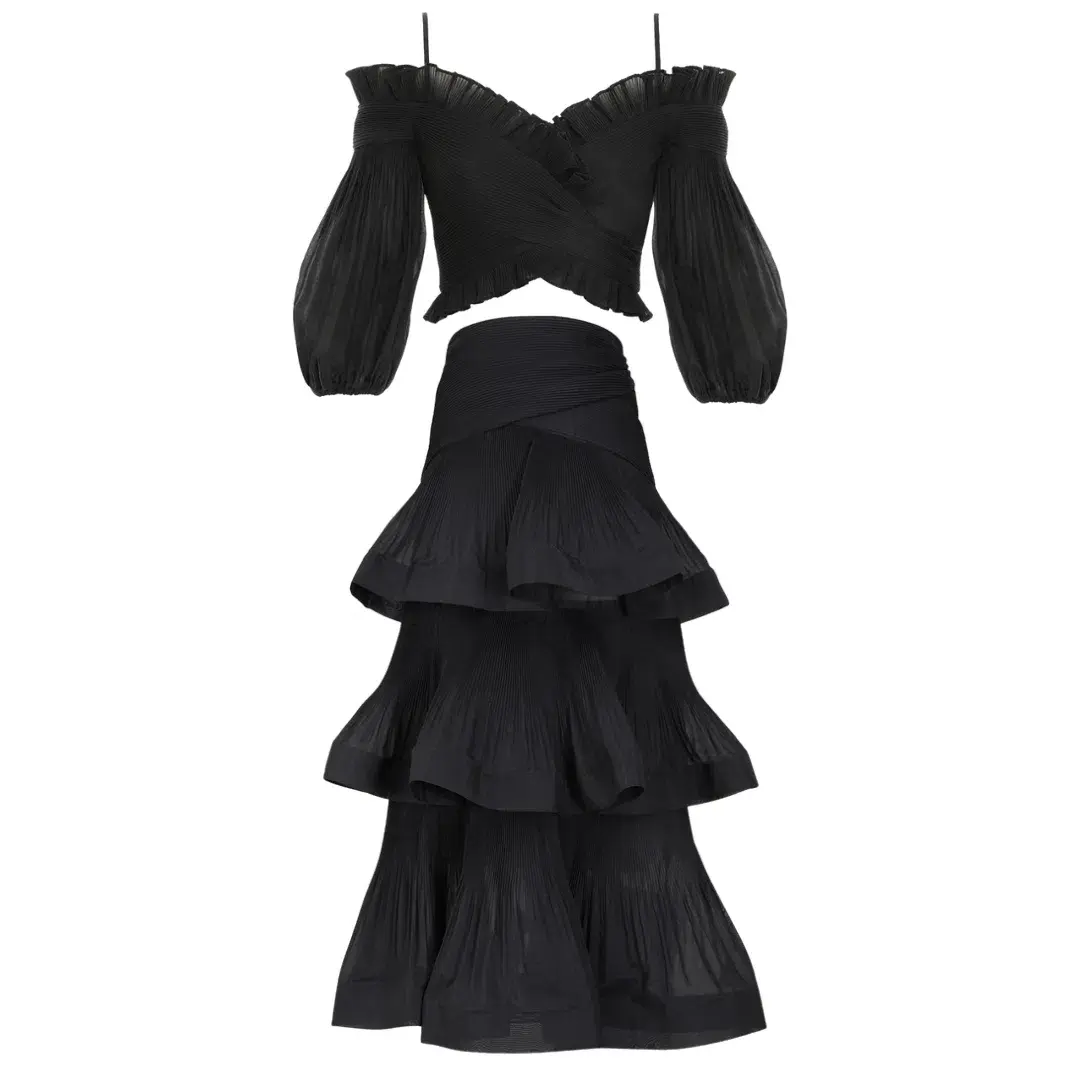 Zimmermann The Pleated Off Shoulder Top and Midi Skirt Set in Black Size 1 / Au 10 - Image 2