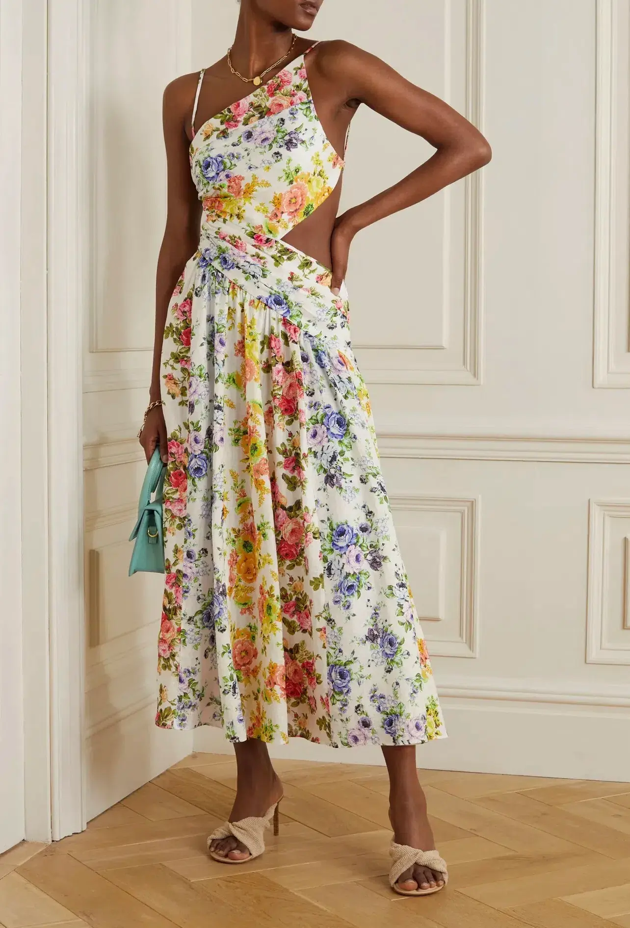 Zimmermann Net Sustain Asymmetric Open-Back Floral-Print Organic Linen Midi Dress Print Size 0 - Image 1