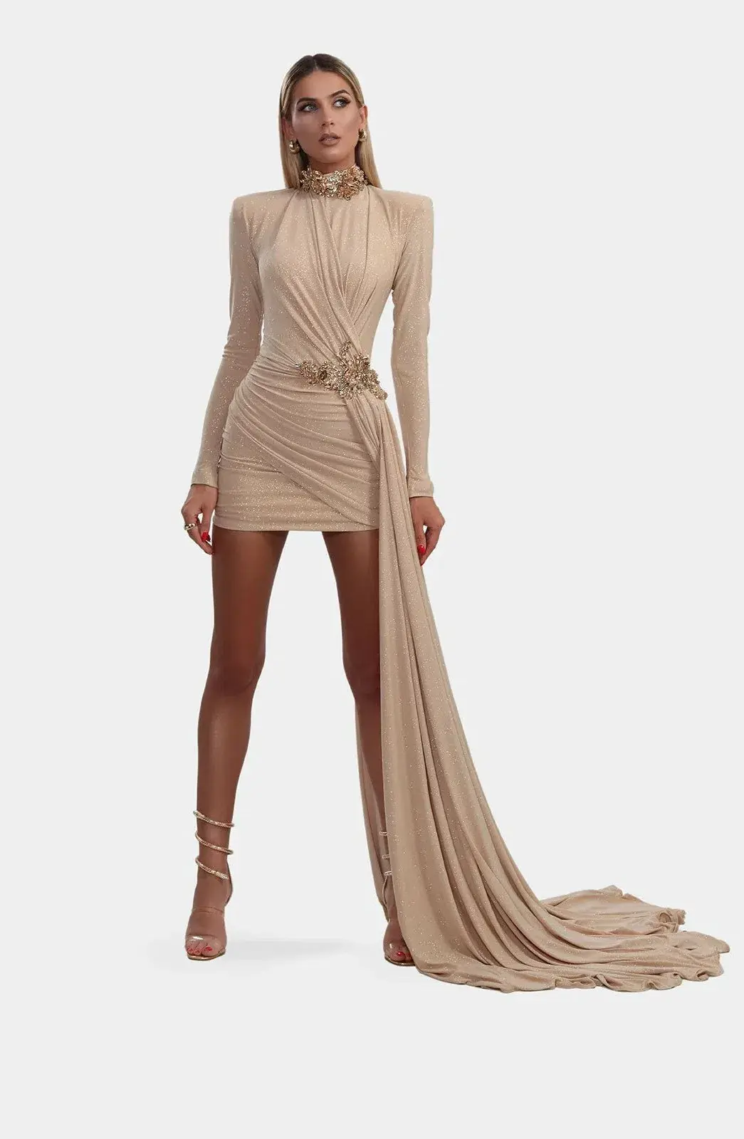 Albina Dyla Nude Stretch Shimmer Short Dress Size 12 - Image 2