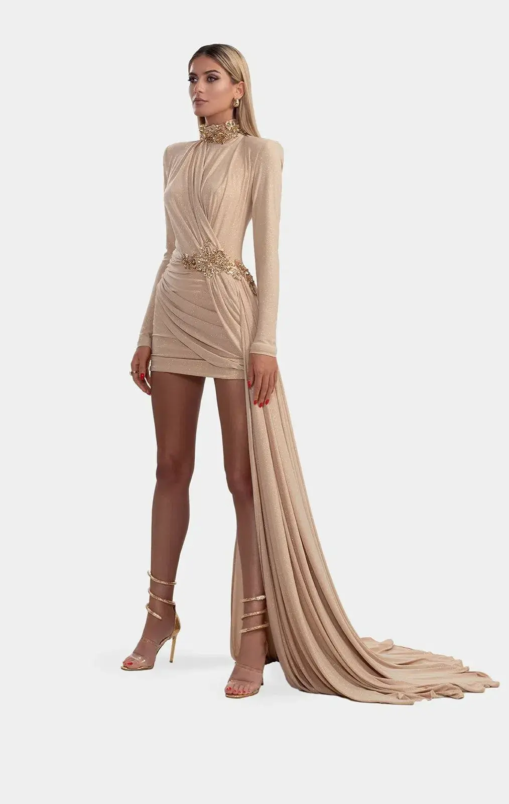Albina Dyla Nude Stretch Shimmer Short Dress Size 12 - Image 1