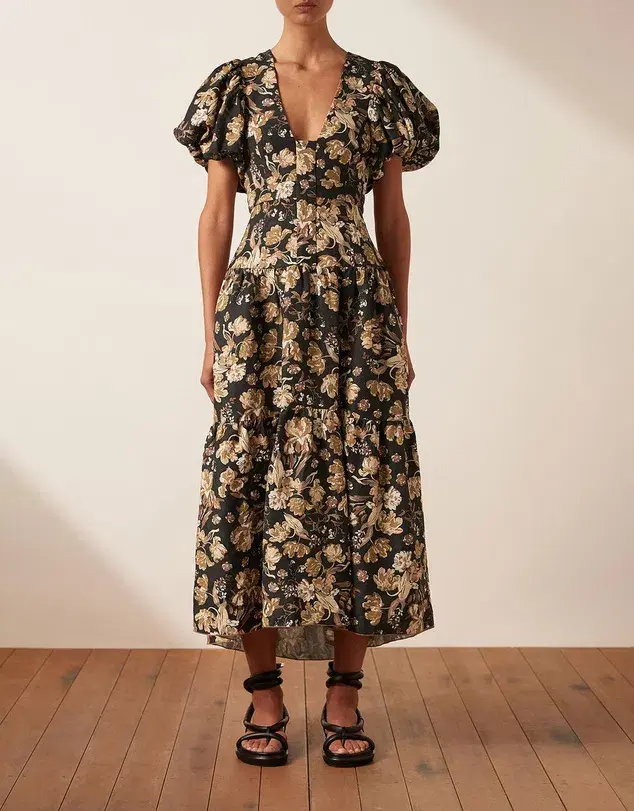 Shona Joy Palermo Linen Plunged Short Sleeve Midi Dress Print Size 8 - Image 1