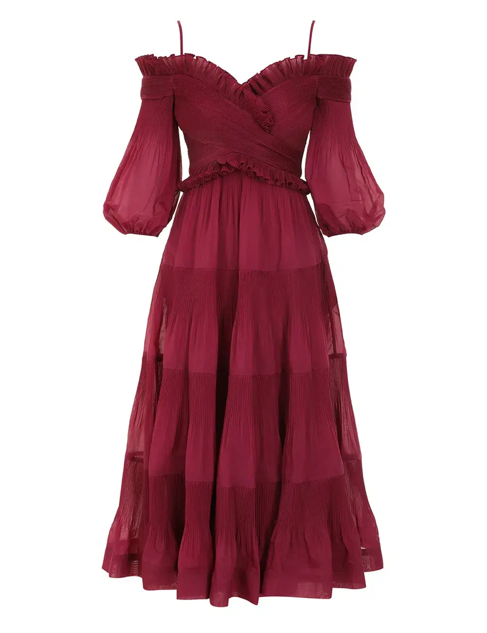 Zimmermann Pleated Off Shoulder Midi Dress Berry Size 2 / AU 12 - Image 3
