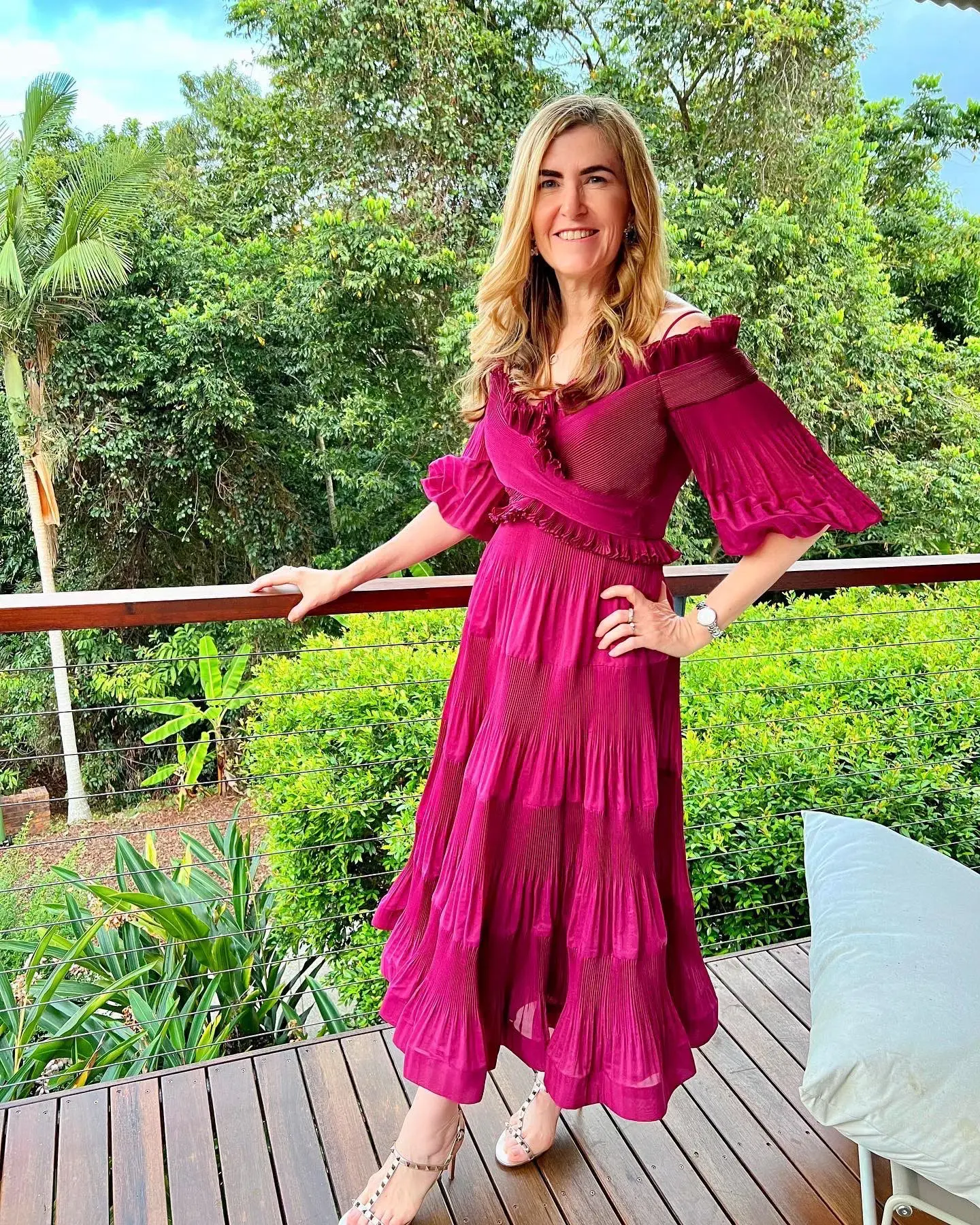 Zimmermann Pleated Off Shoulder Midi Dress Berry Size 2 / AU 12 - Image 4