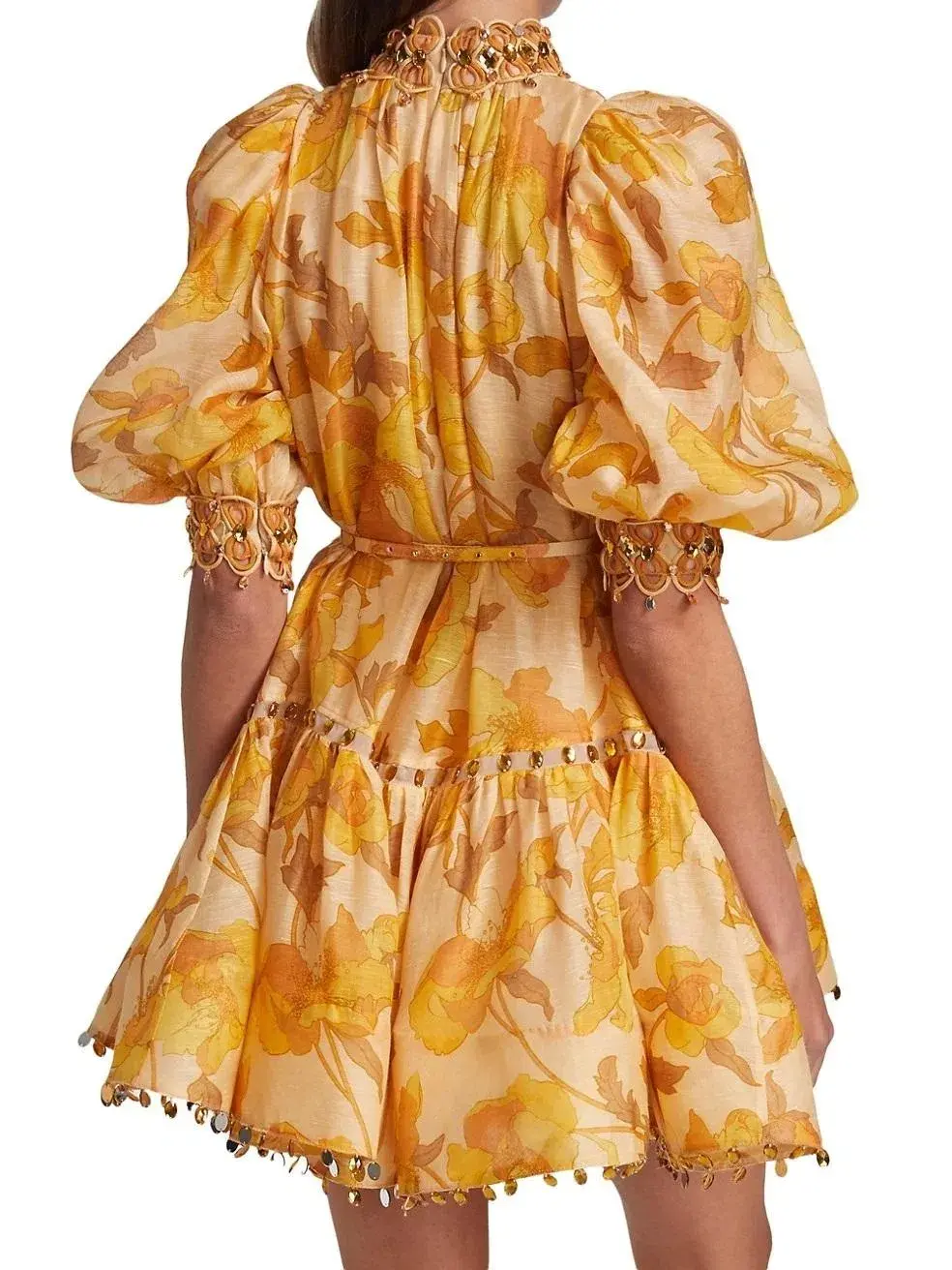 Zimmermann Tempo Trim Rouleau Mini Dress Gold Peonies Size 3 for rent on The Volte - main image