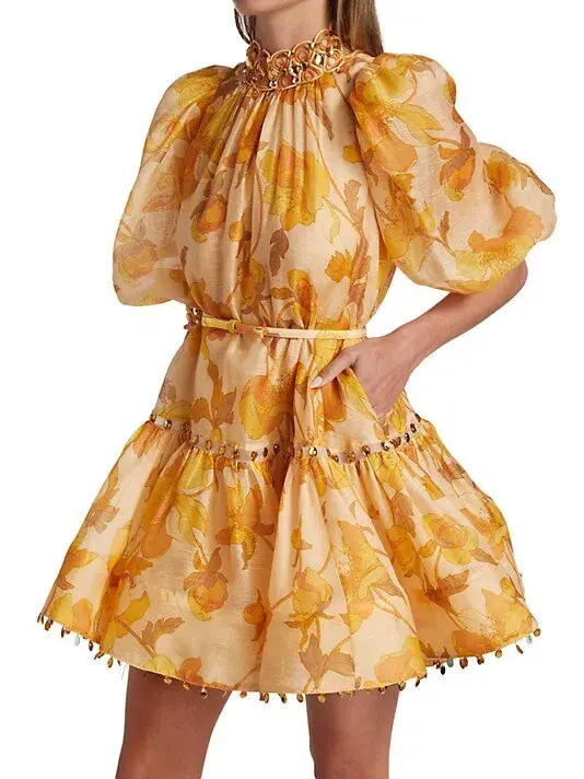 Zimmermann Tempo Trim Rouleau Mini Dress Gold Peonies Size 3 for rent on The Volte - main image