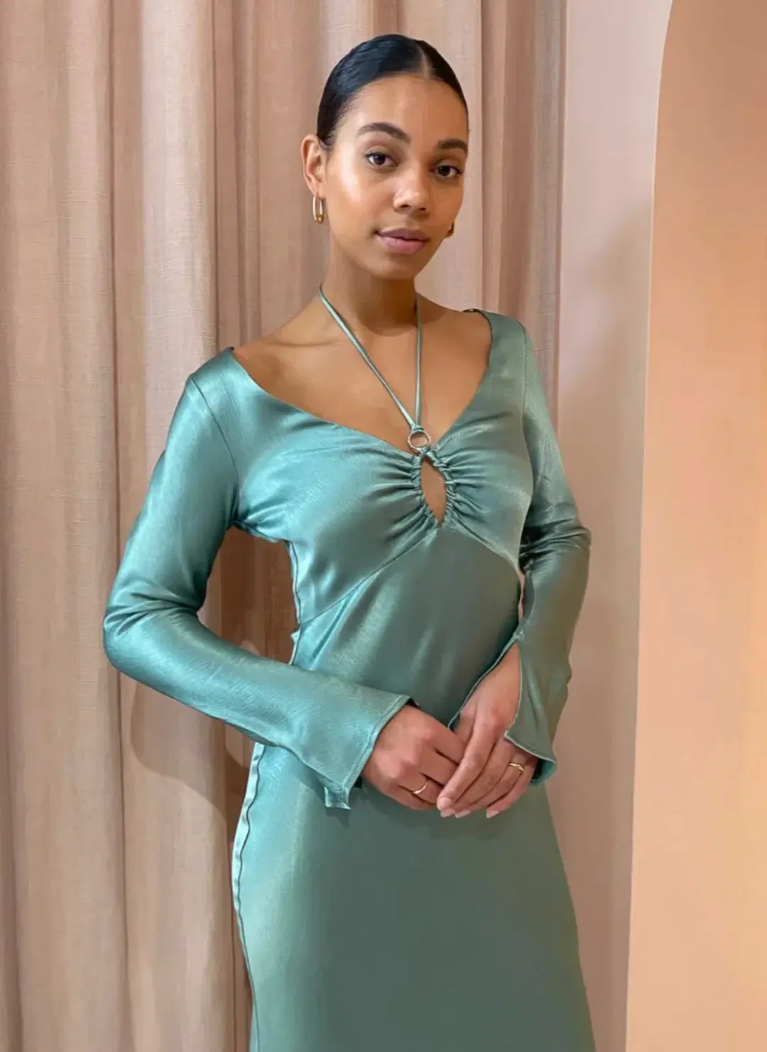 Bec & Bridge Malyka Long Sleeve Maxi Dress | Moss Green | Size 10 for rent on The Volte - main image