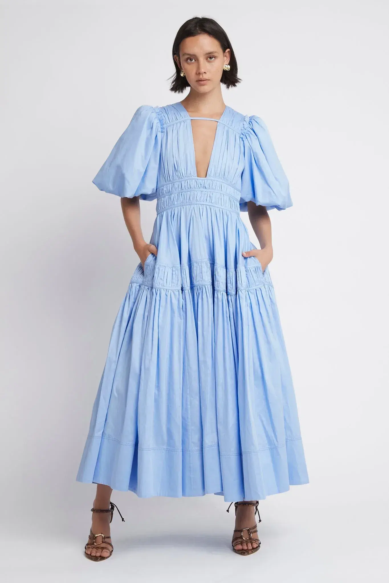 Aje Fallingwater Gathered Midi Dress Light Blue Size 8 - Image 1