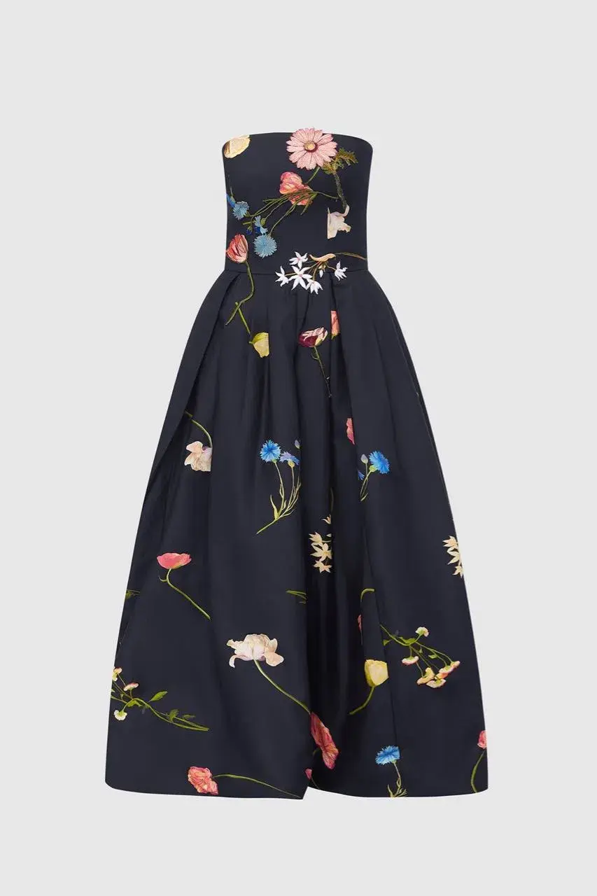 Leo Lin The Fields Embroidered Bustier Midi Dress Black Size 8 for rent on The Volte - main image