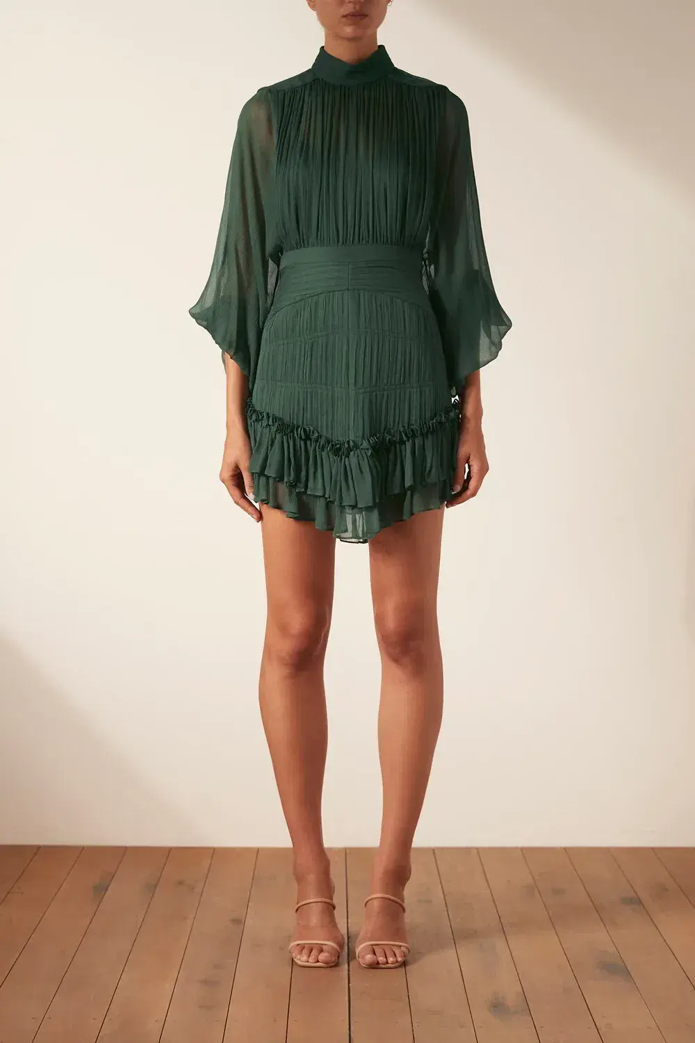 Shona Joy Leonie Long Sleeve Ruched Mini Dress Rosemary Green Size 10  for rent on The Volte - main image