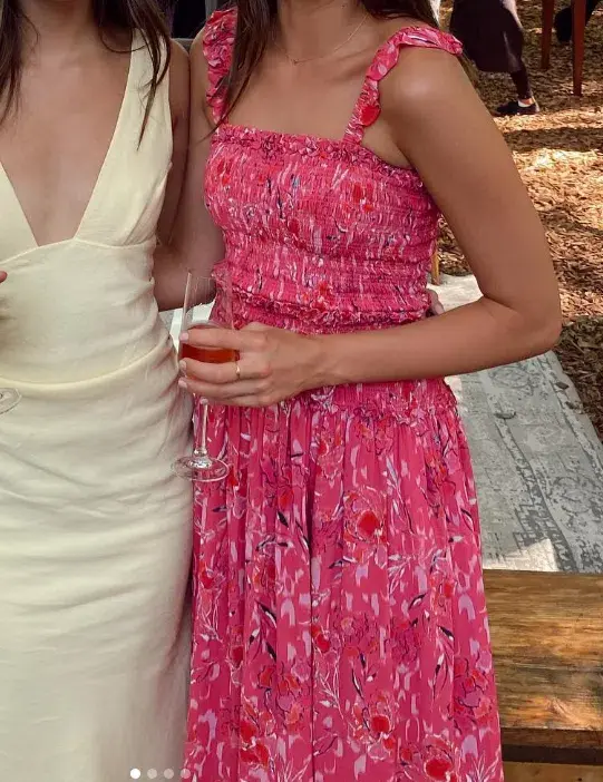 Steele Bahati Shirred Midi Dress Pink Print Size S - Image 2