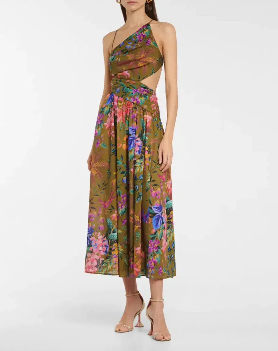 Zimmermann Tropicana Asymmetric Dress Khaki Floral Size 0 for rent on The Volte - main image