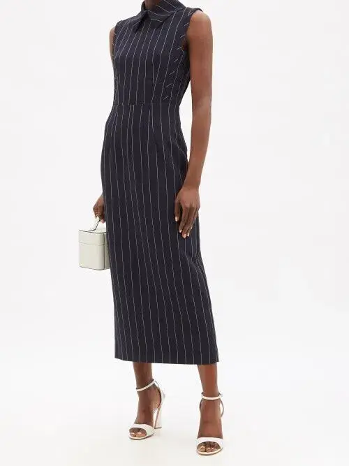 Emilia Wickstead Miles Pinstriped Crepe Midi Dress Navy/White Size 16 - Image 1