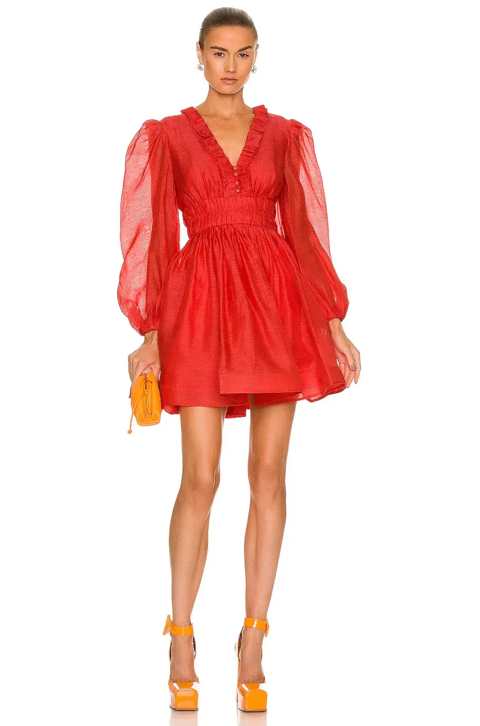 Zimmermann Prima Frill V Neck Mini Dress Tomato Size 3 / AU 14 for rent on The Volte - main image