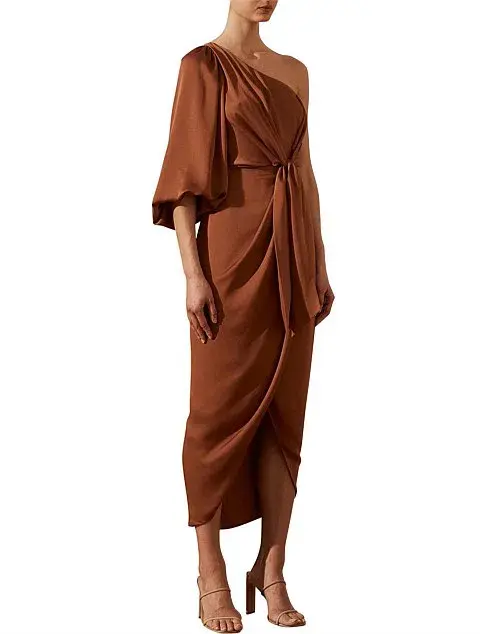 Shona Joy Luxe Tie Front One Shoulder Cocktail Dress Mocha Size 10 - Image 2