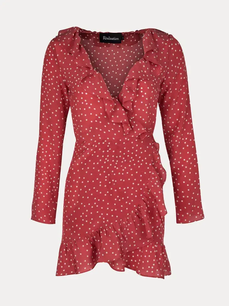 REALISATION PAR Alexandra Silk Wrap Dress Red Star Size M  - Image 3
