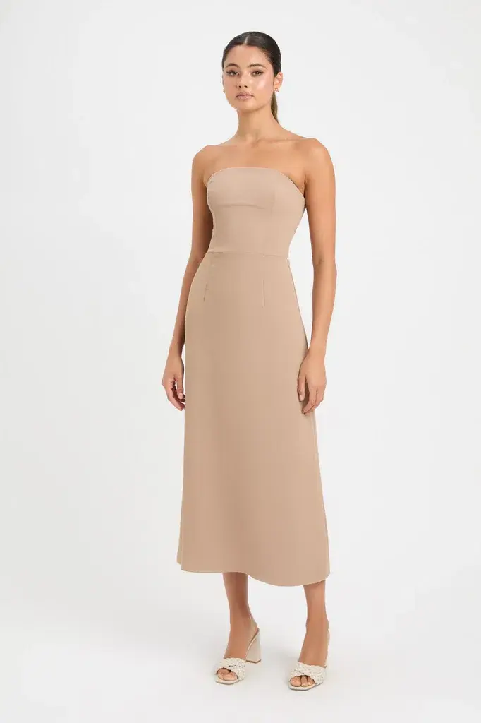 Kookai Alpha Strapless Midi Dress Sirocco Beige Size 12 - Image 1