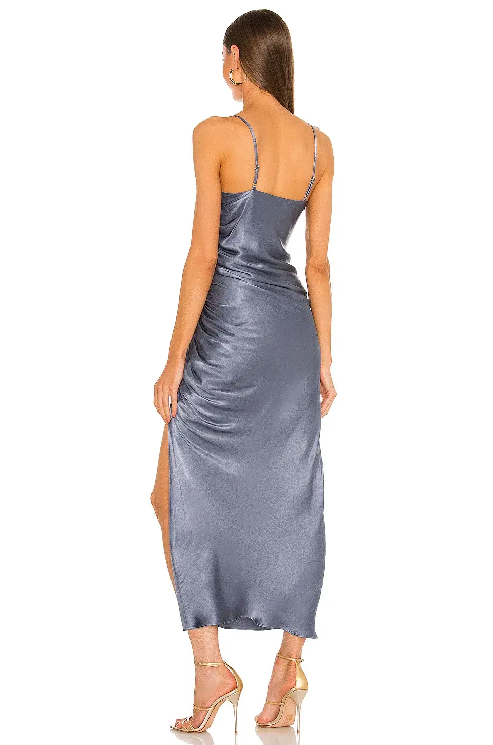 Shona Joy Lily Bias Ruched Midi Dress in Blue Smoke Size 6 - Image 3