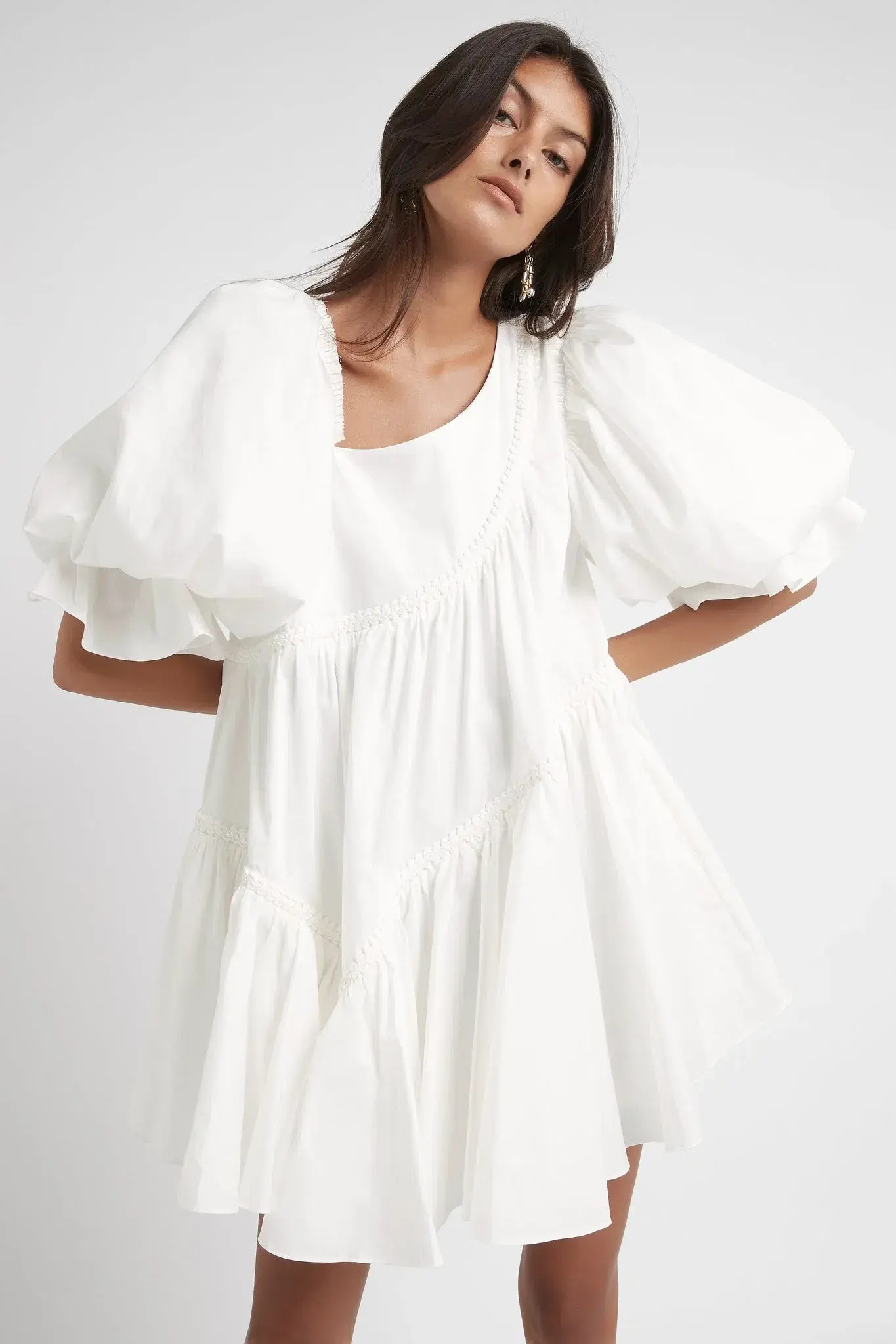 Aje Casabianca Braided Asymmetric Puff Sleeve Mini Dress White Size 14 - Image 2