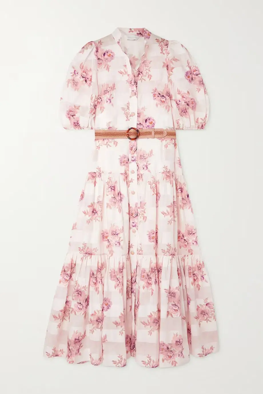 Zimmermann Rosa Belted Floral-Print Cotton and Silk-Blend Jacquard Midi Shirt Dress Size 16 for rent on The Volte - main image