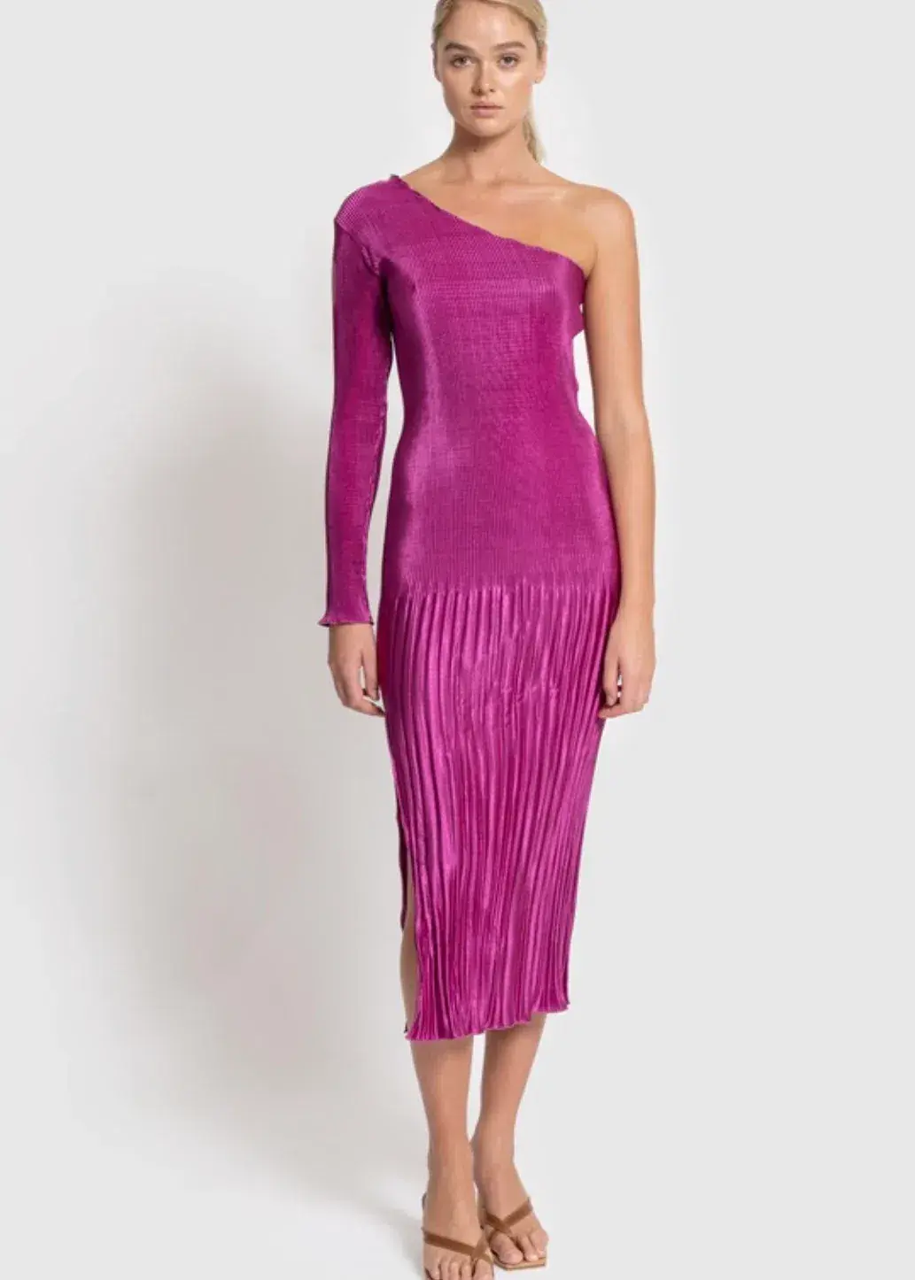 L'Idee Soiree One Shoulder Long Sleeve Dress Magenta Size 10 - Image 3