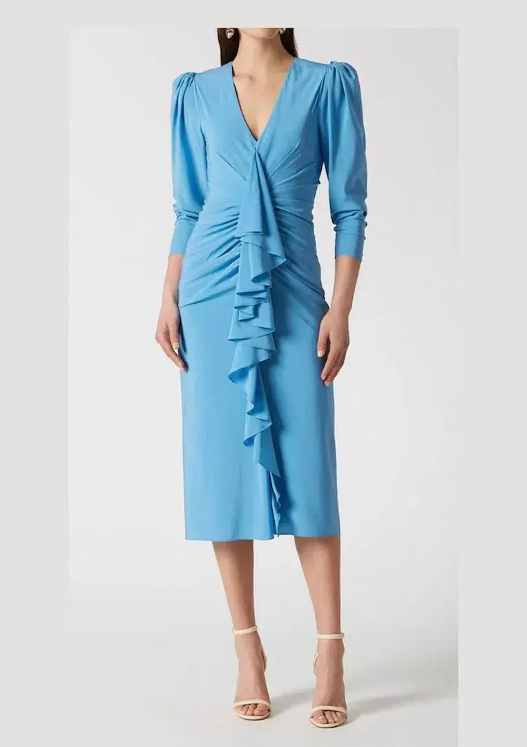 Scanlan Theodore Silk Drape Sleeve Dress Blue Size 8 - Image 1
