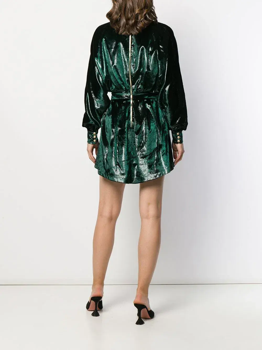 Balmain Metallic Velvet Flared Dress Green Size 38  - Image 3