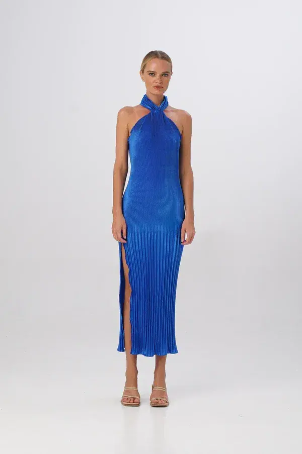 L'Idee The Soirée Pleated Halter Gown MOROCCAN Blue Size 8 for rent on The Volte - main image