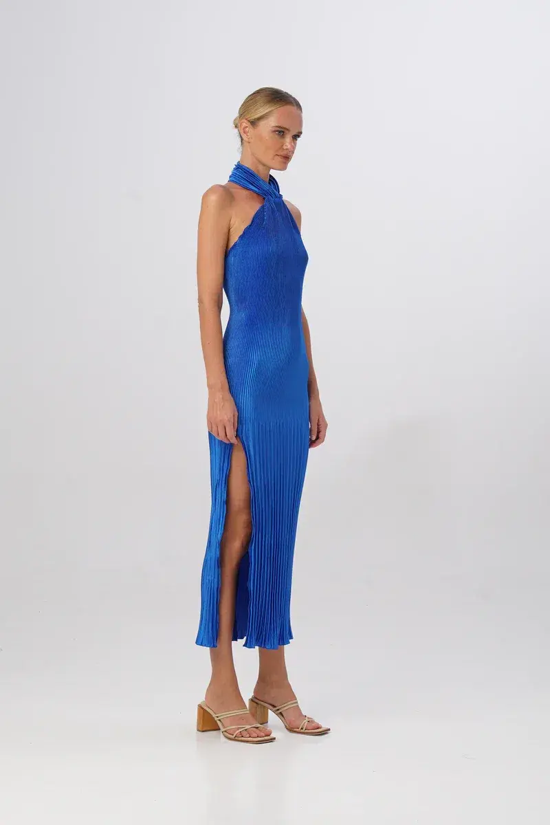 L'Idee The Soirée Pleated Halter Gown MOROCCAN Blue Size 8 - Image 3