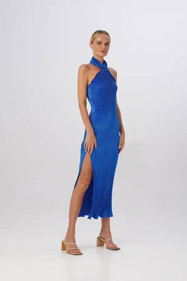 L'Idee The Soirée Pleated Halter Gown MOROCCAN Blue Size 8 - Image 1